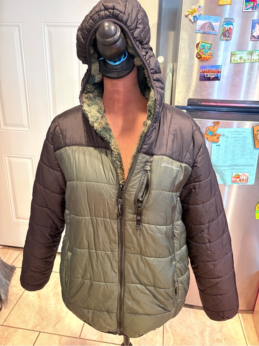 Eddie Bauer Hooded Insulated Puffer Jacket in Olive Green and Brown